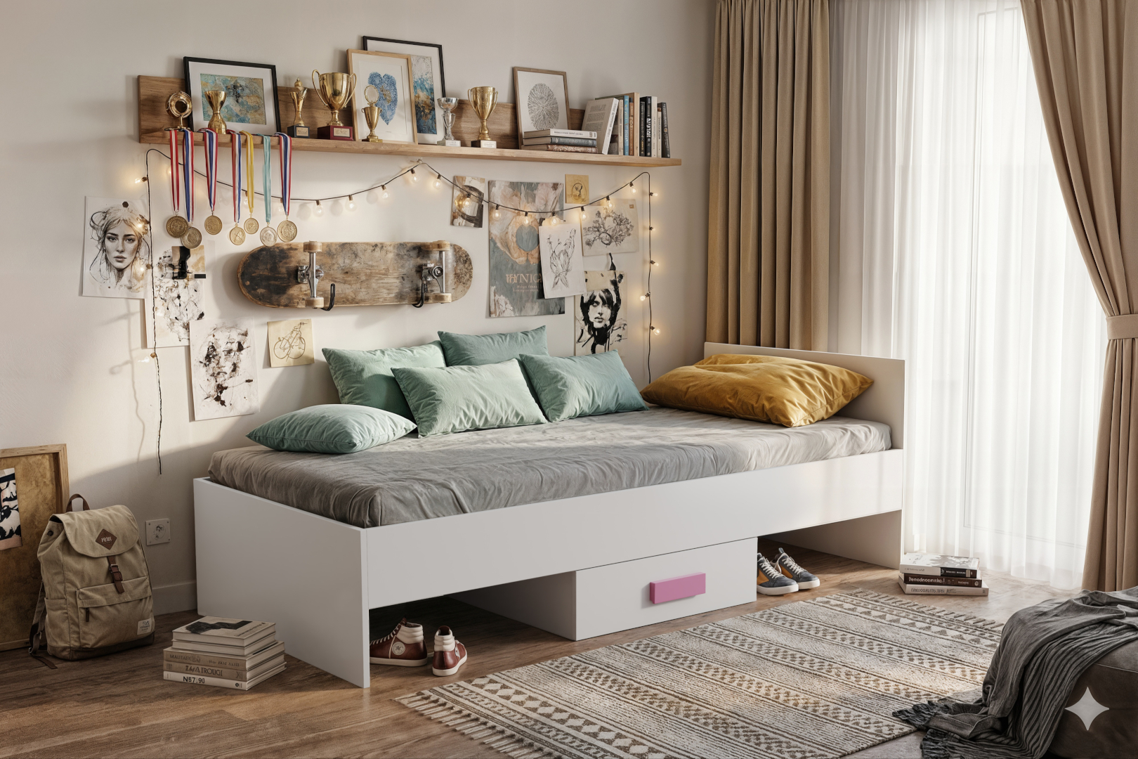 Łóżko młodzieżowe LEMON, Biały, Różowy