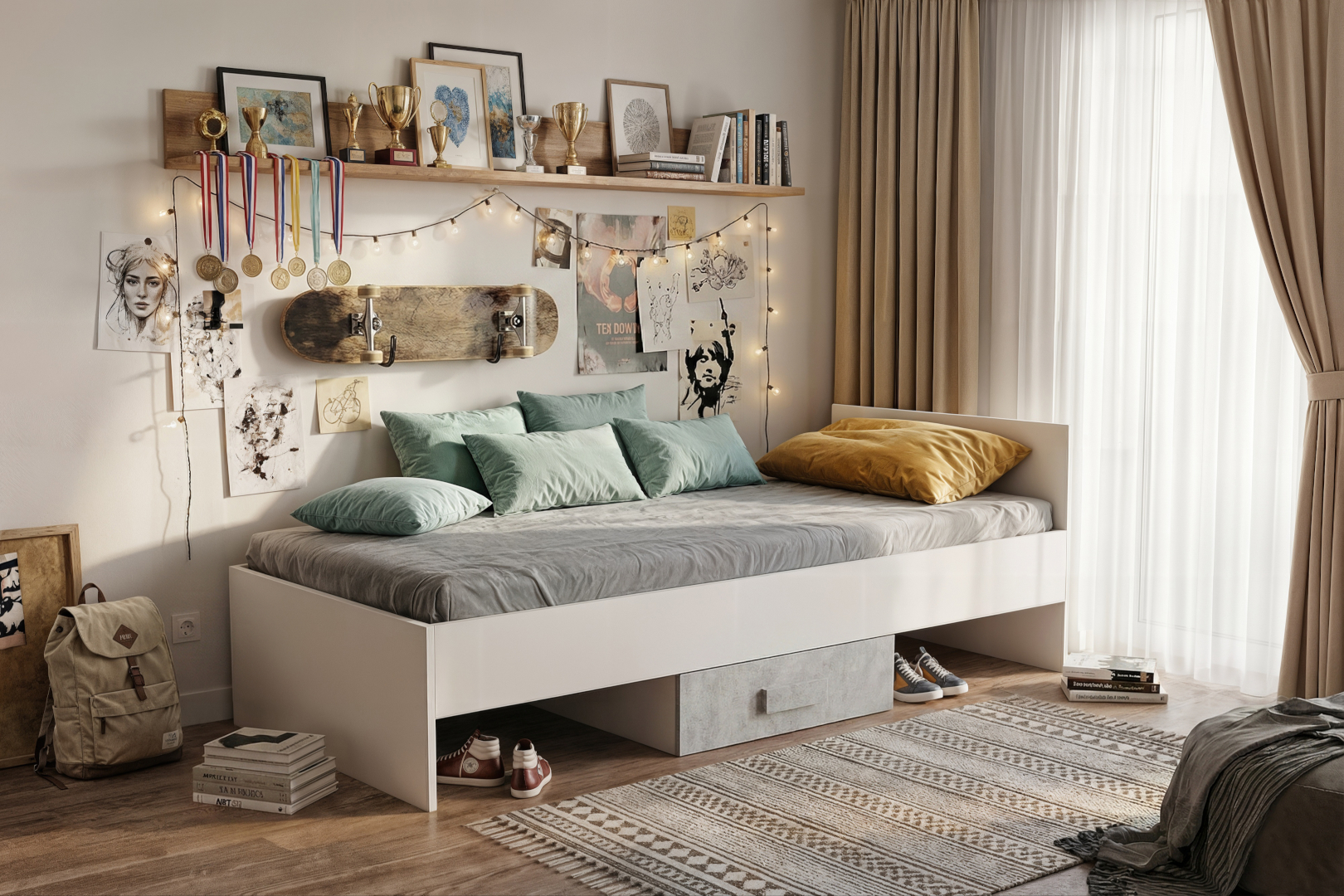 Łóżko młodzieżowe ZYGZAK, Biały, Beton - wizualizacja HD