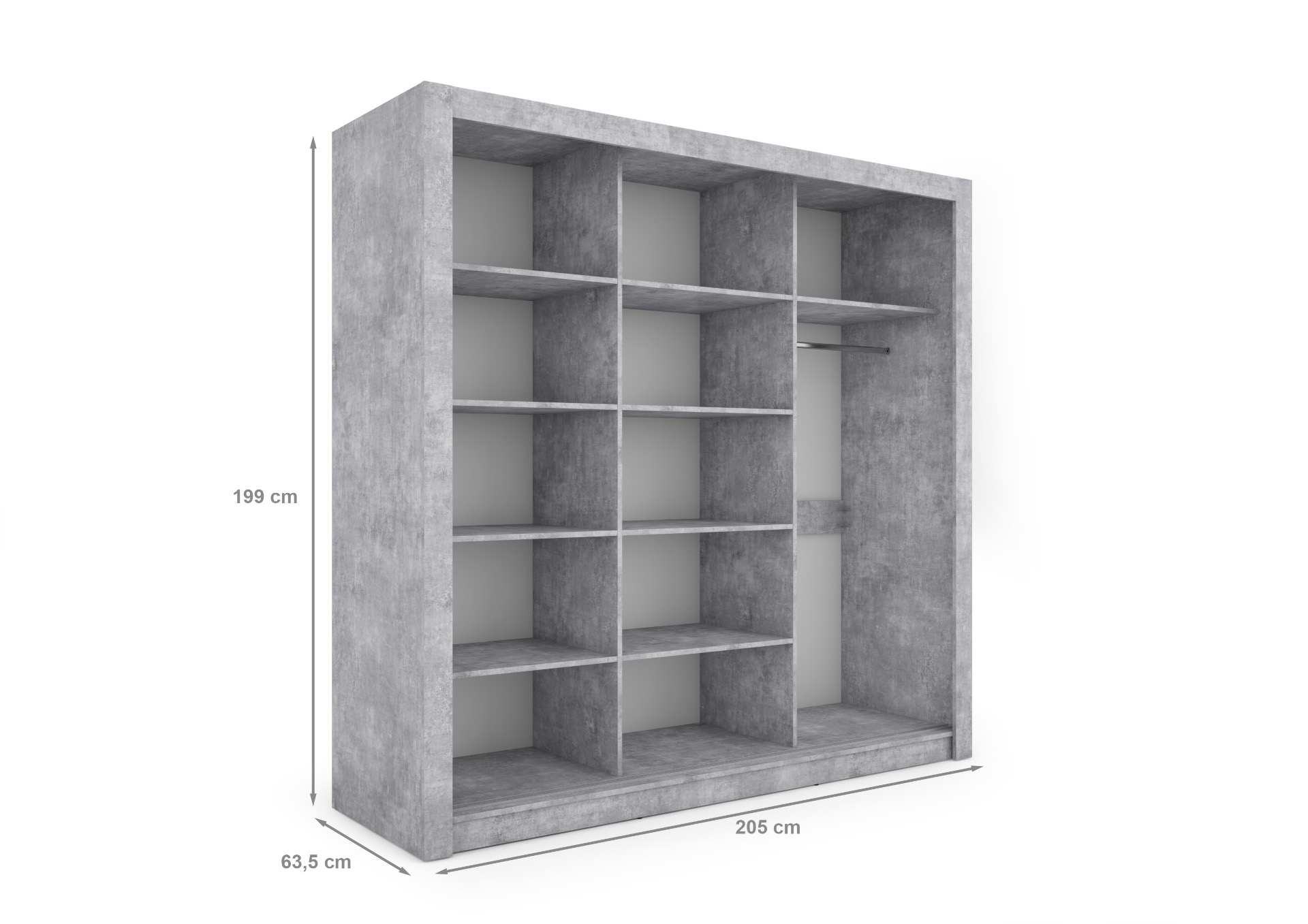 Szafa przesuwna Monako 205, Beton, Lustro, Czarne listwy - wymiary
