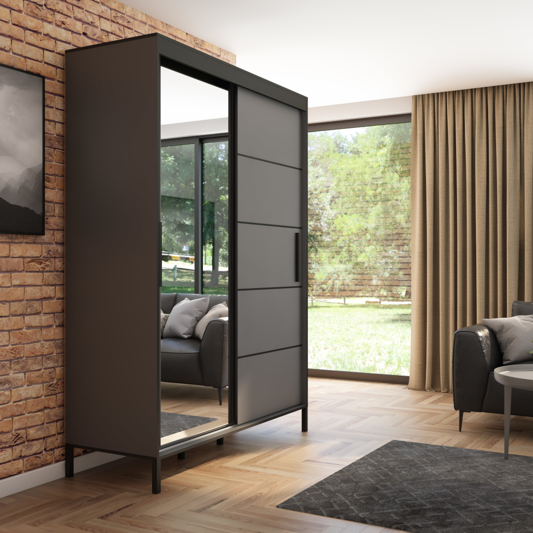 Szafa przesuwna Braga 160 z lustrem, Antracyt, Czarne listwy 2