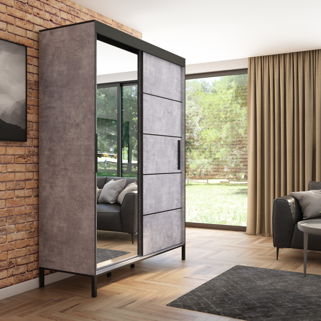 Szafa przesuwna Braga 160 z lustrem, Beton, Czarne listwy 2