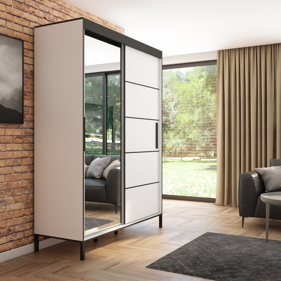 Szafa przesuwna Braga 160 z lustrem, Biała, Czarne listwy 2