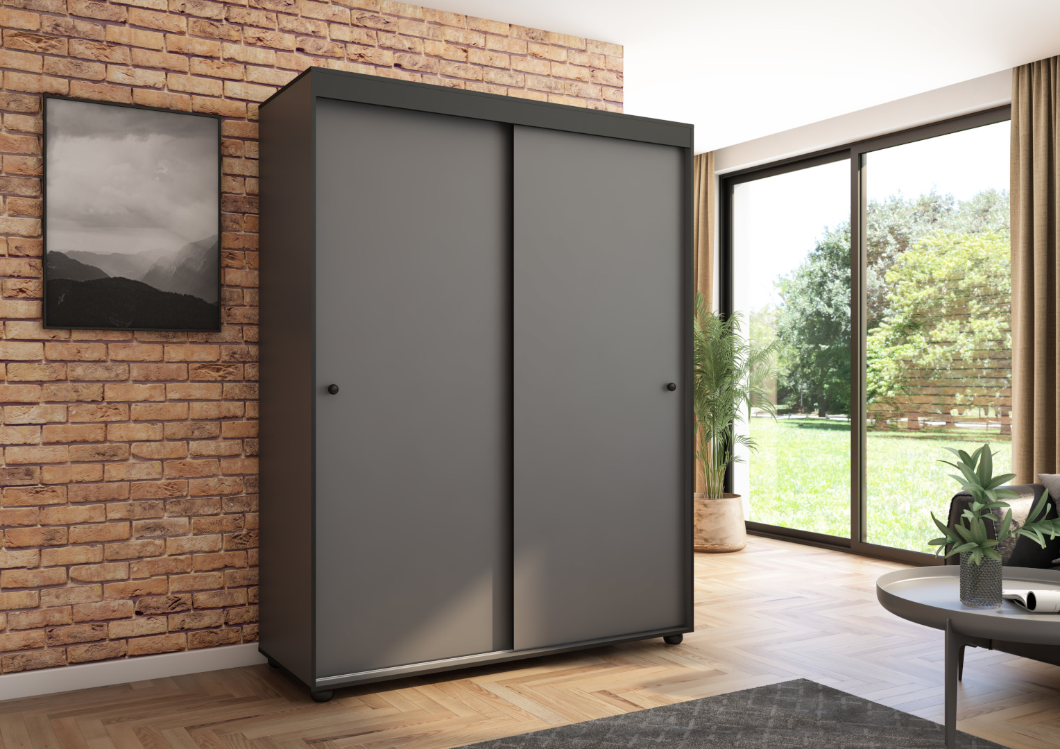 Szafa przesuwna Porto 160 gładka, Antracyt, Czarne listwy HD