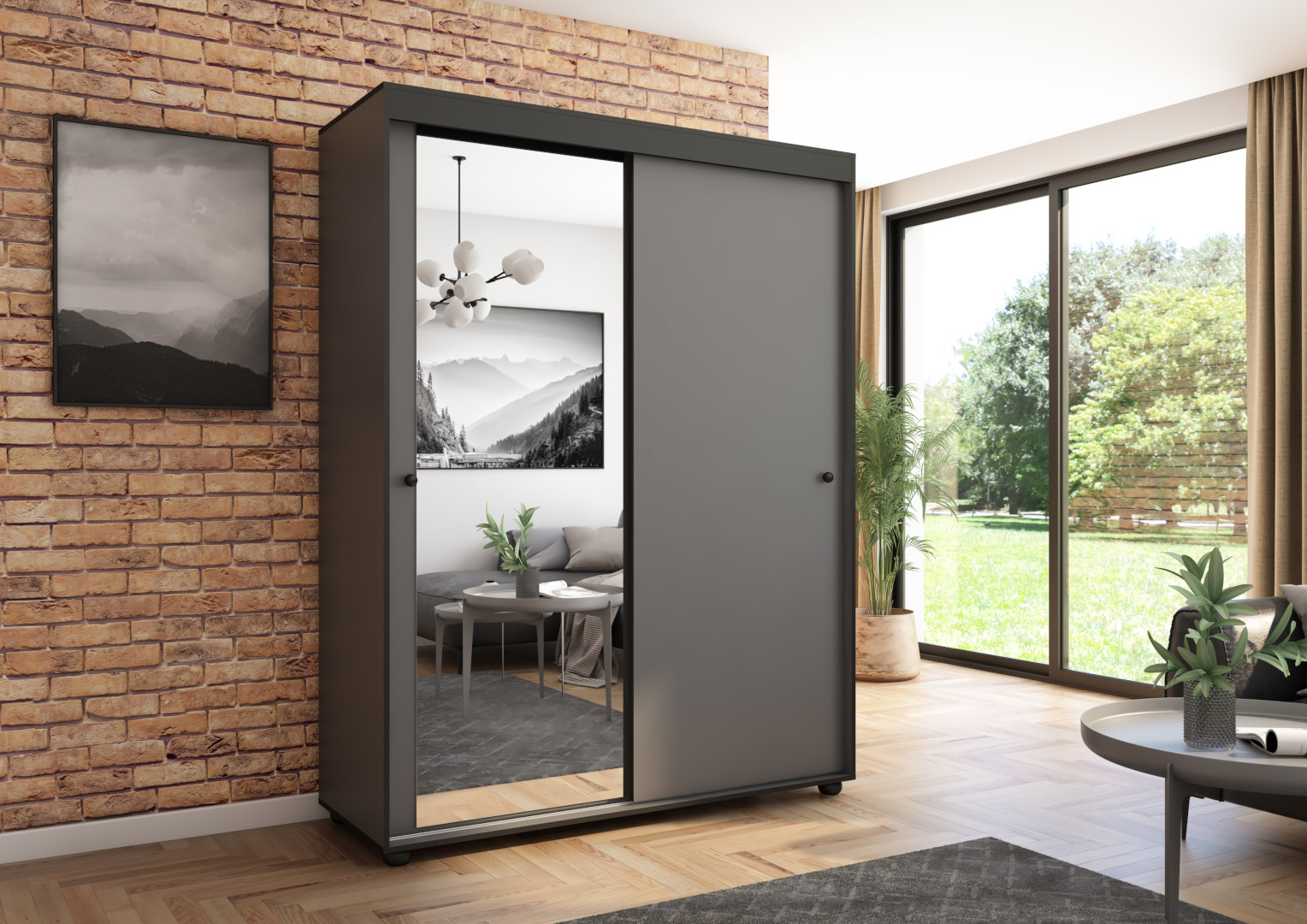 Szafa przesuwna Porto 160 z lustrem, Antracyt, Czarne listwy HD