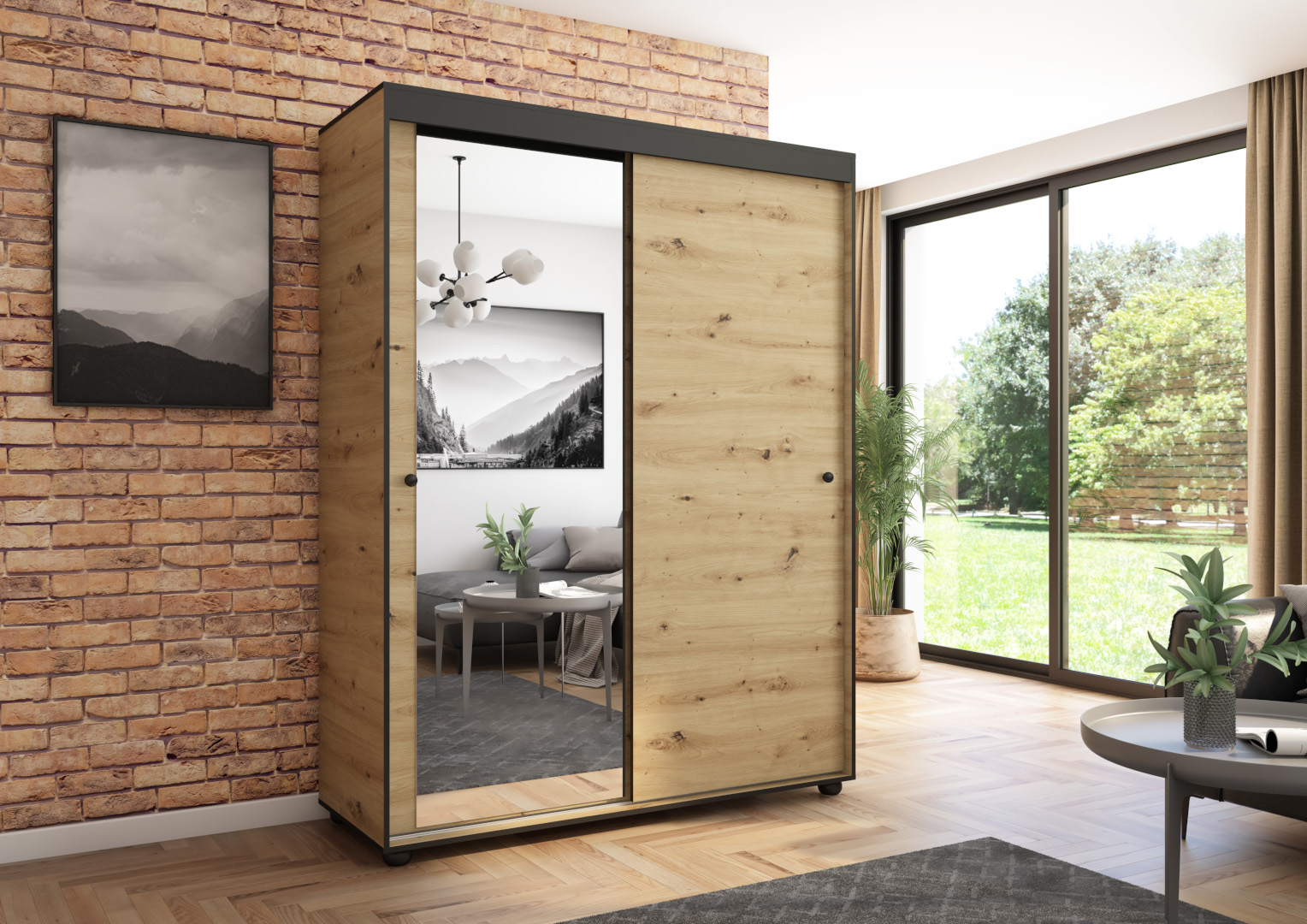 Szafa przesuwna Porto 160 z lustrem, Artisan, Czarne listwy HD