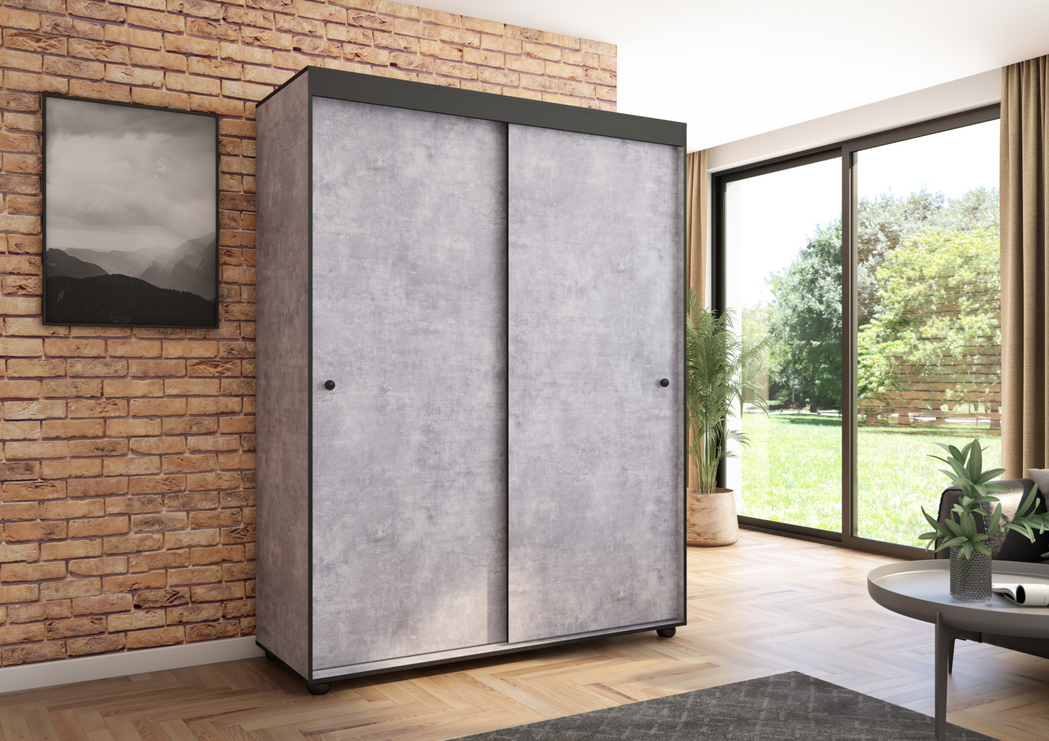 Szafa przesuwna Porto 160 gładka, Beton, Czarne listwy HD