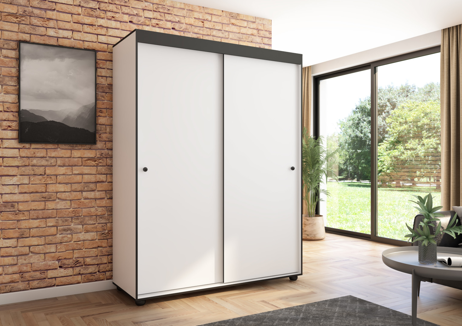 Szafa przesuwna Porto 160 gładka, Biała, Czarne listwy HD