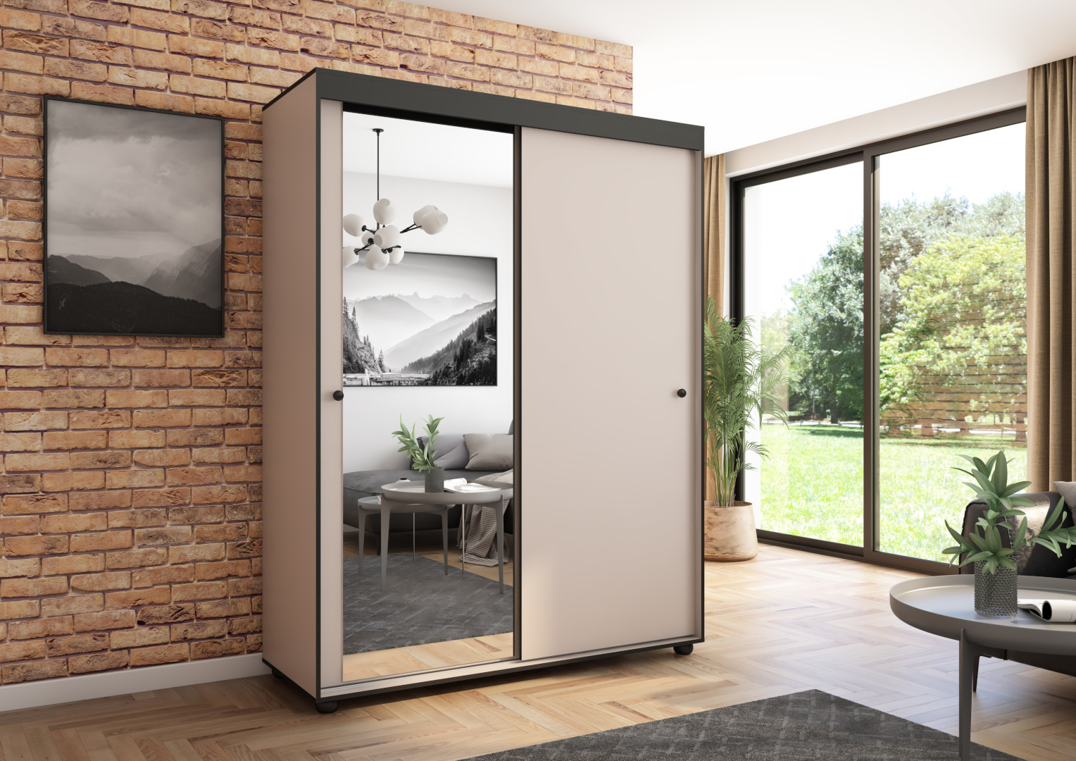 Szafa przesuwna Porto 160 z lustrem, Kaszmir, Czarne listwy HD