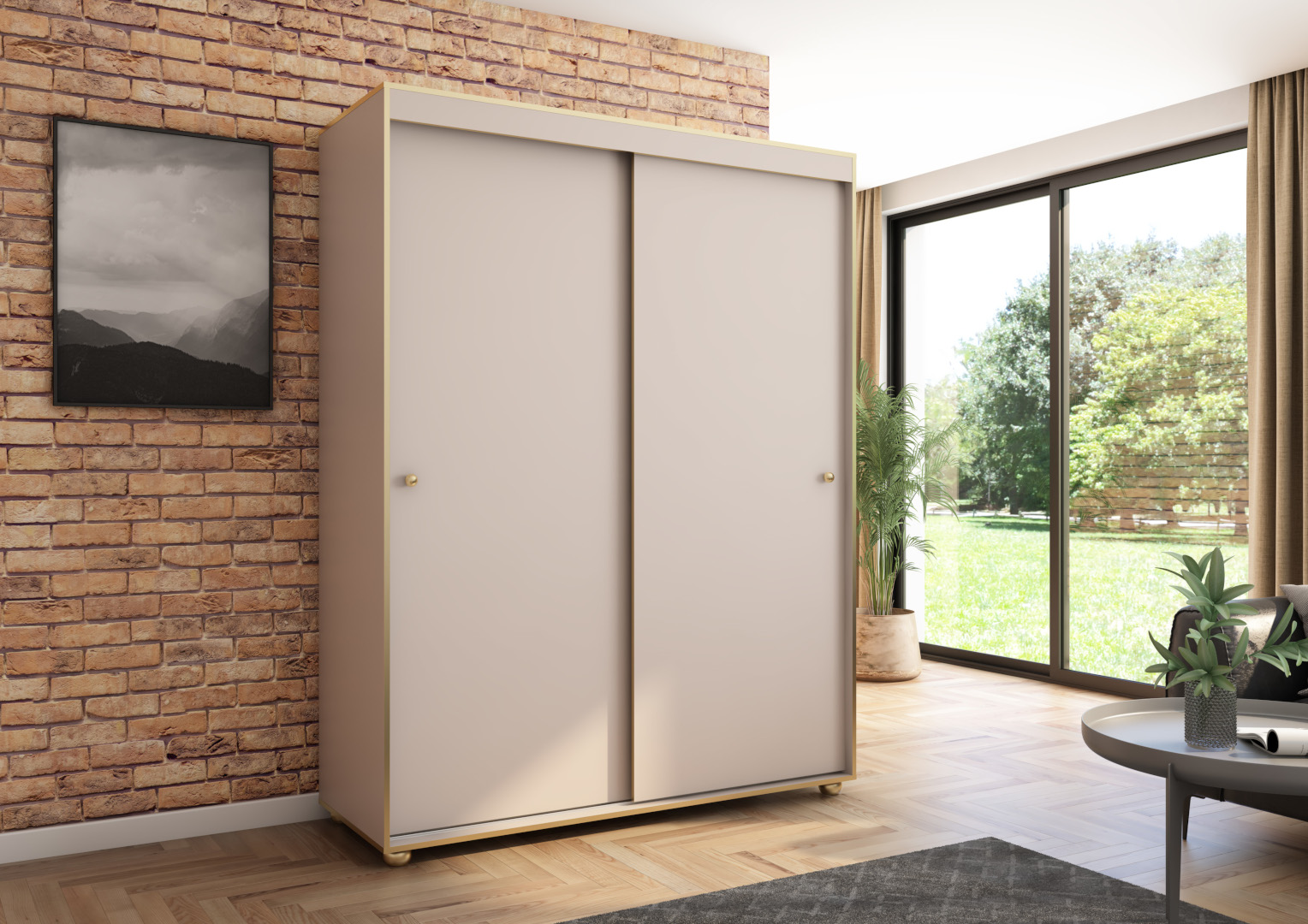 Szafa przesuwna Porto 160 gładka, Kaszmir, Złote  listwy HD