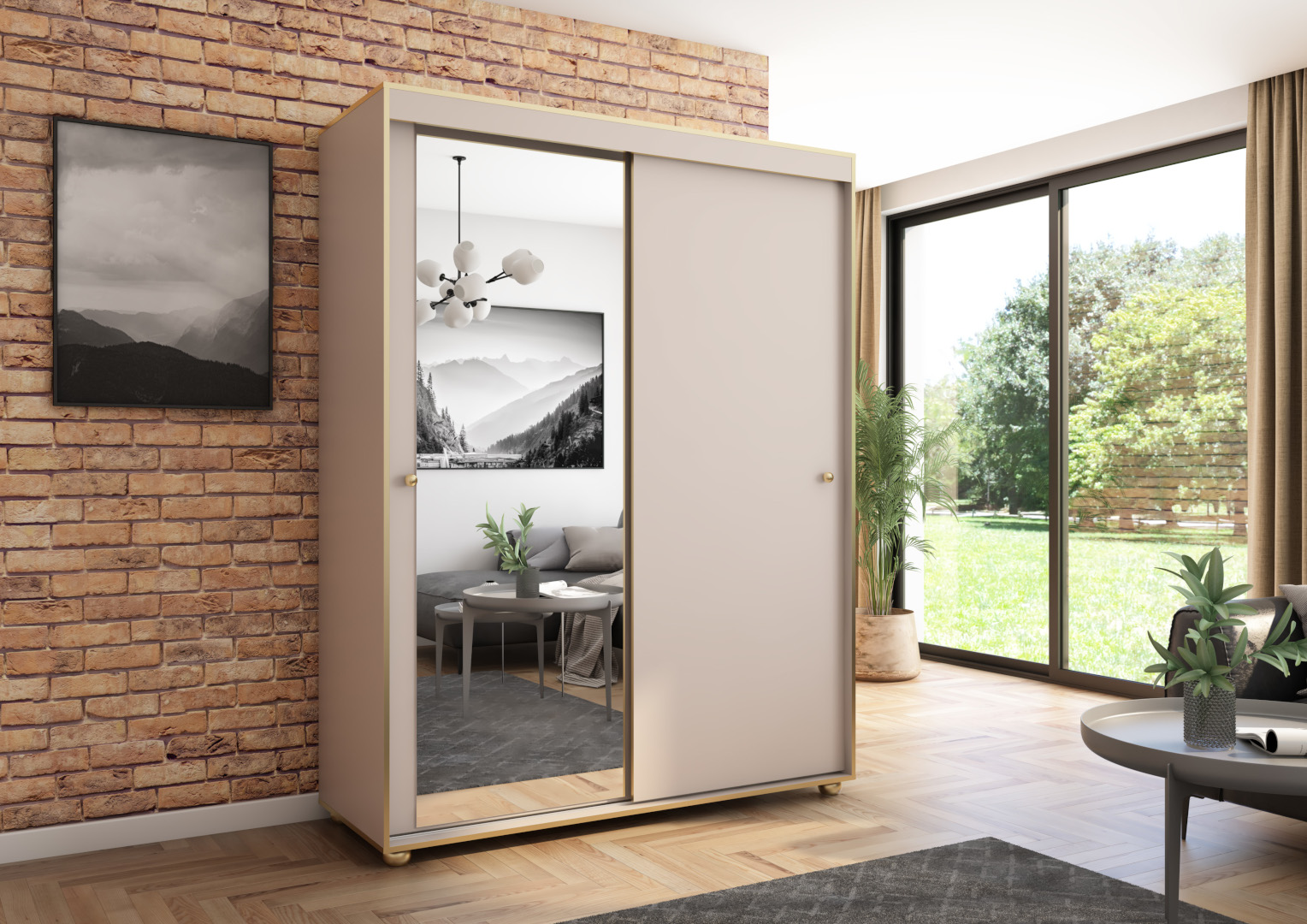 Szafa przesuwna Porto 160 z lustrem, Kaszmir, Złote listwy HD