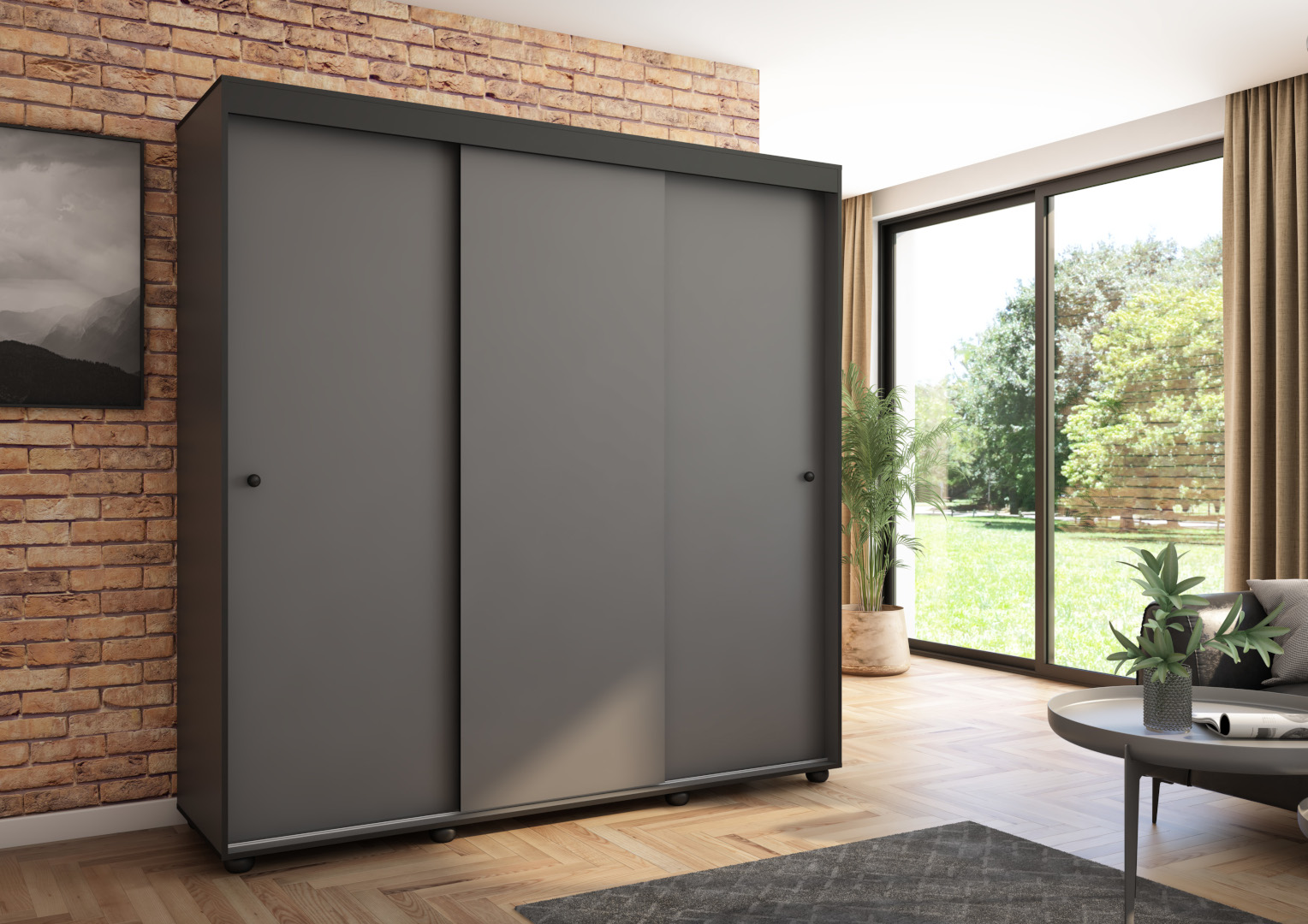 Szafa przesuwna Porto 205 gładka, Antracyt, Czarne listwy HD