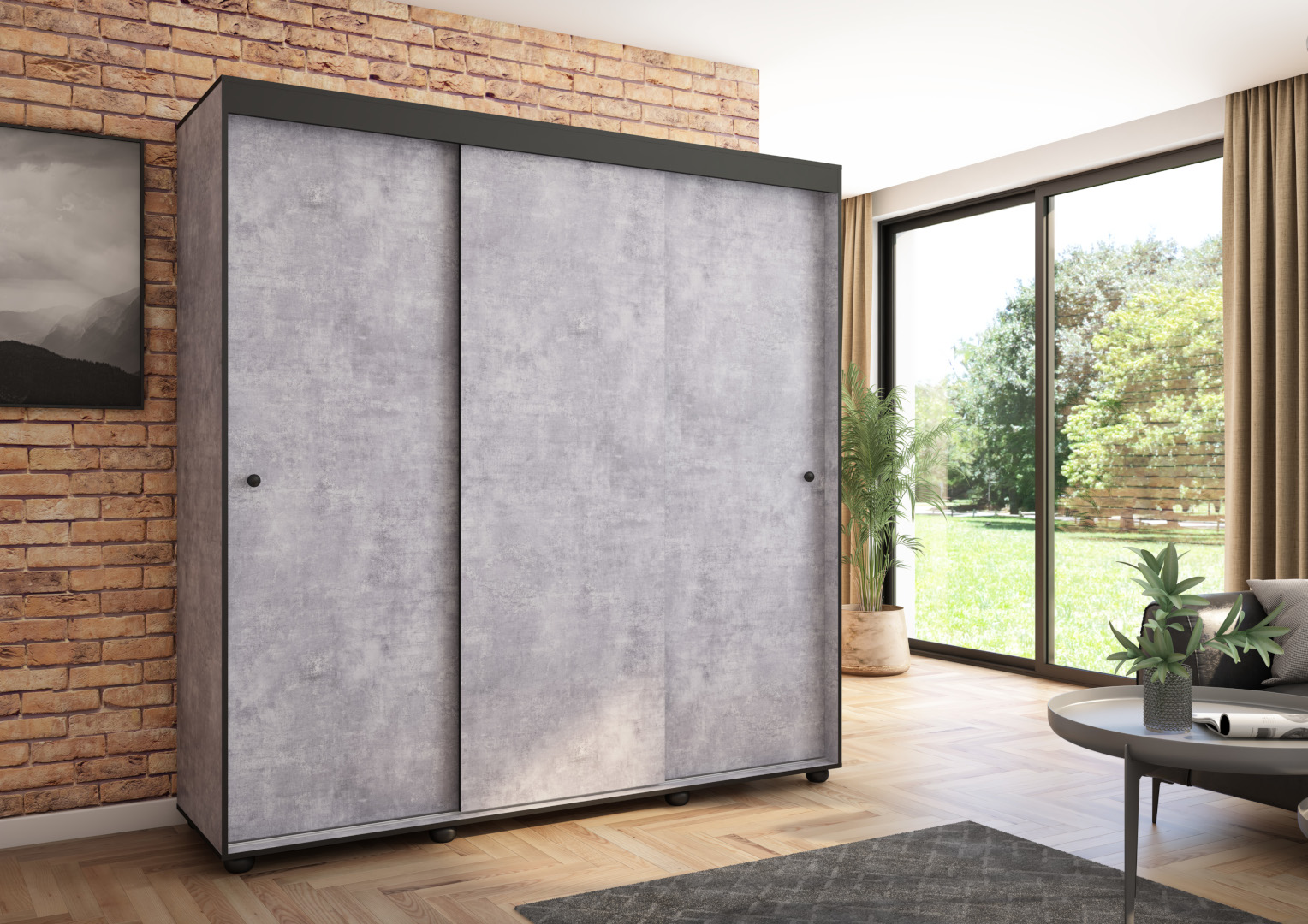 Szafa przesuwna Porto 205 gładka, Beton, Czarne listwy HD