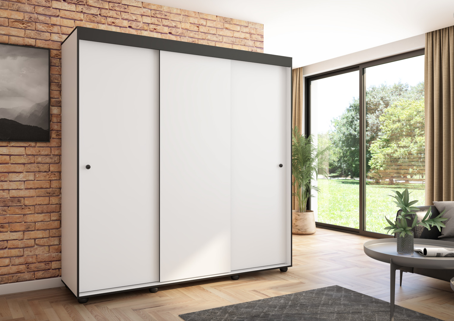 Szafa przesuwna Porto 205 gładka, Biała, Czarne listwy HD