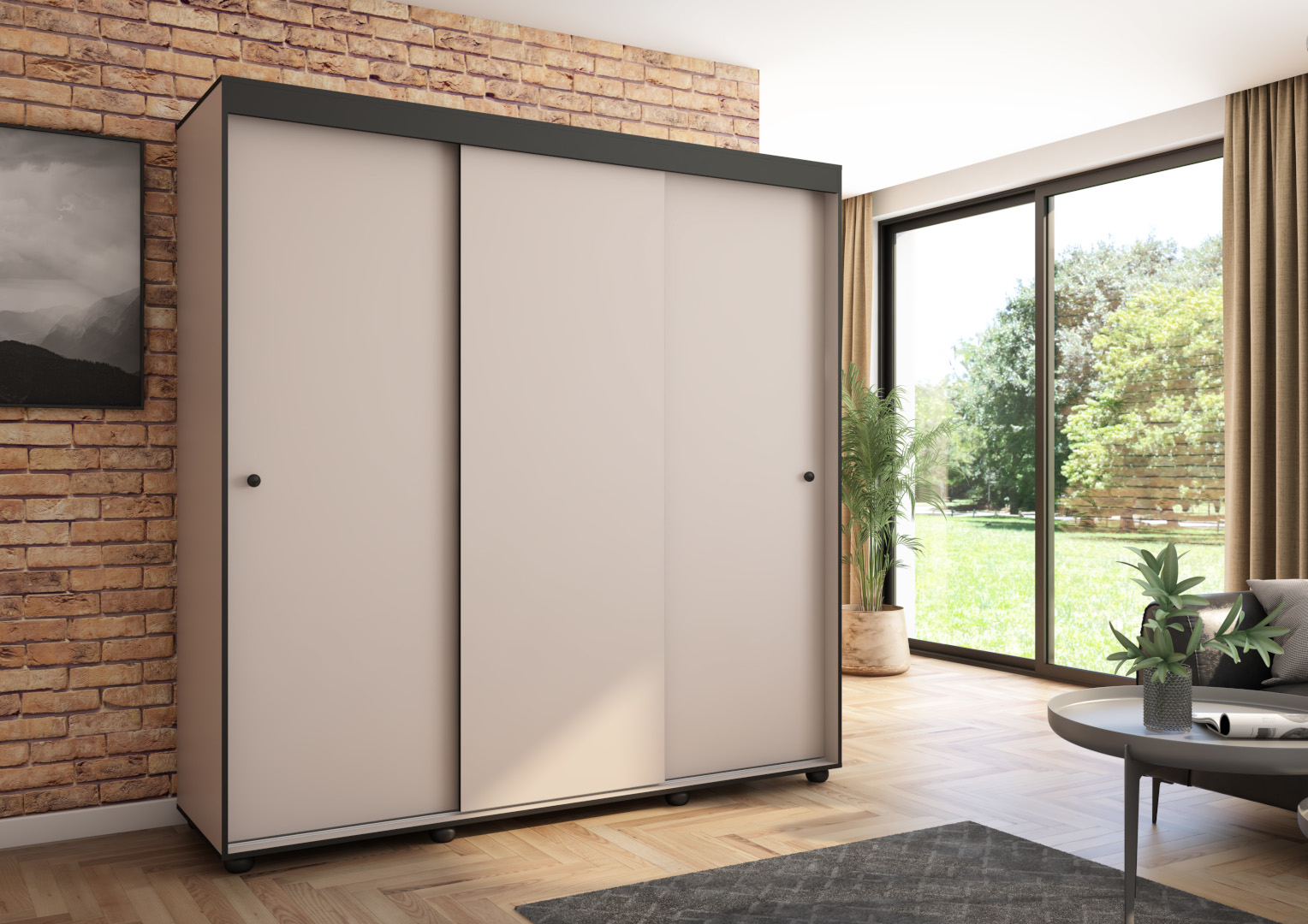 Szafa przesuwna Porto 205 gładka, Kaszmir, Czarne listwy HD