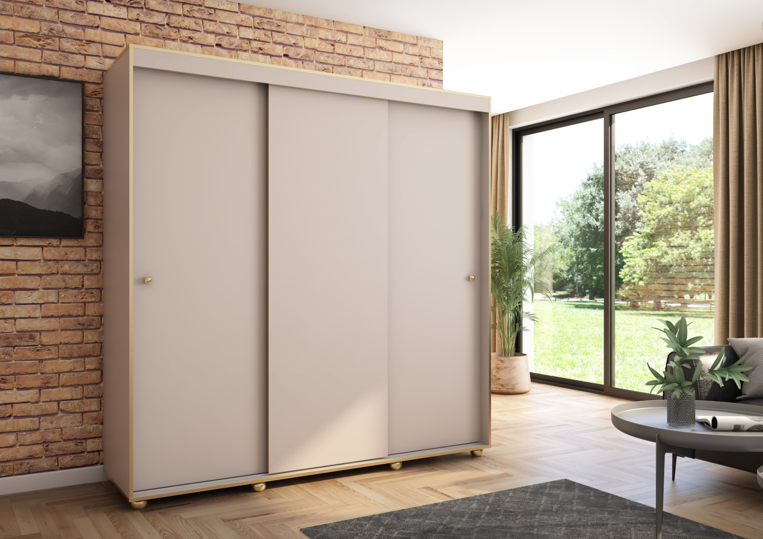 Szafa przesuwna Porto 205 gładka, Kaszmir, Złote listwy HD