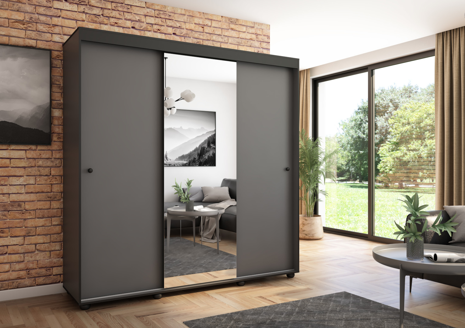 Szafa przesuwna Porto 205 z lustrem, Antracyt, Czarne listwy HD