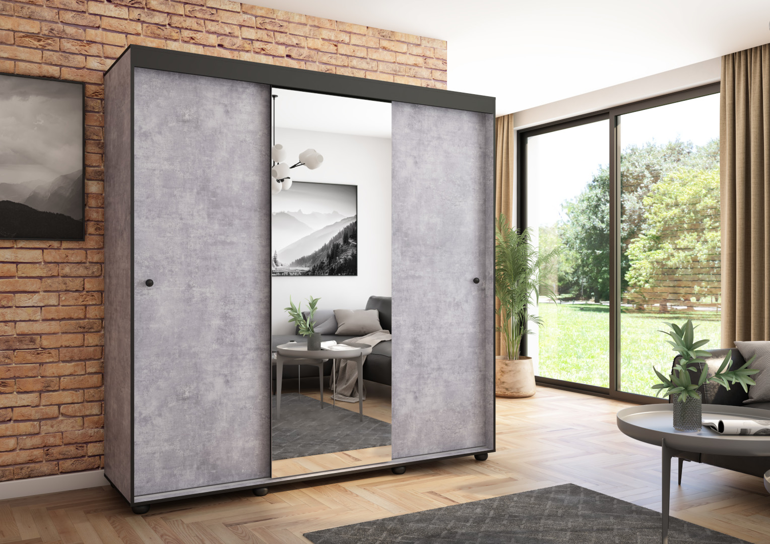 Szafa przesuwna Porto 205 z lustrem, Beton, Czarne listwy HD