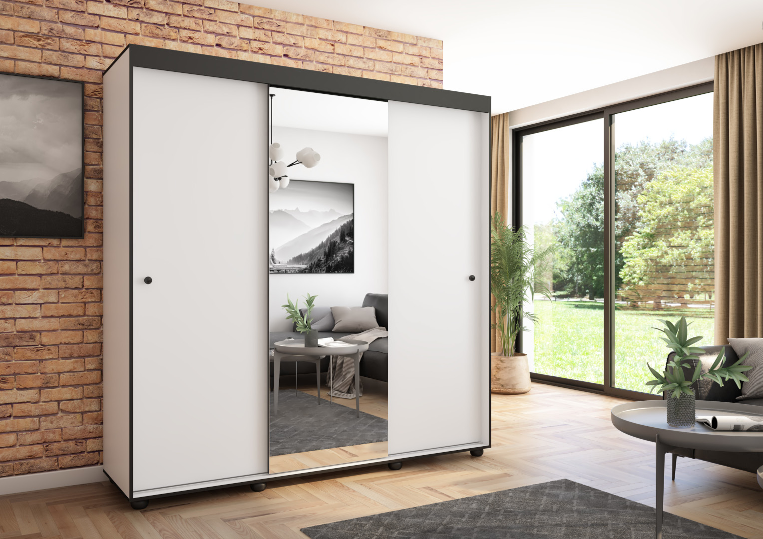 Szafa przesuwna Porto 205 z lustrem, Biała, Czarne listwy HD