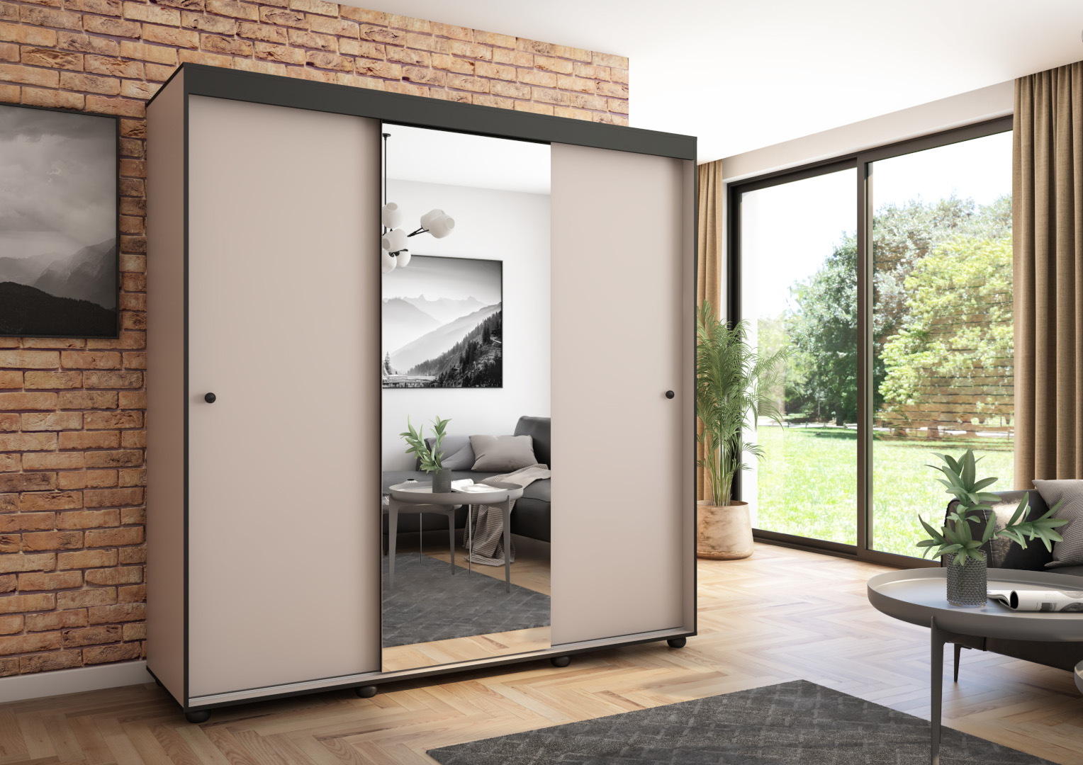 Szafa przesuwna Porto 205 z lustrem, Kaszmir, Czarne listwy HD