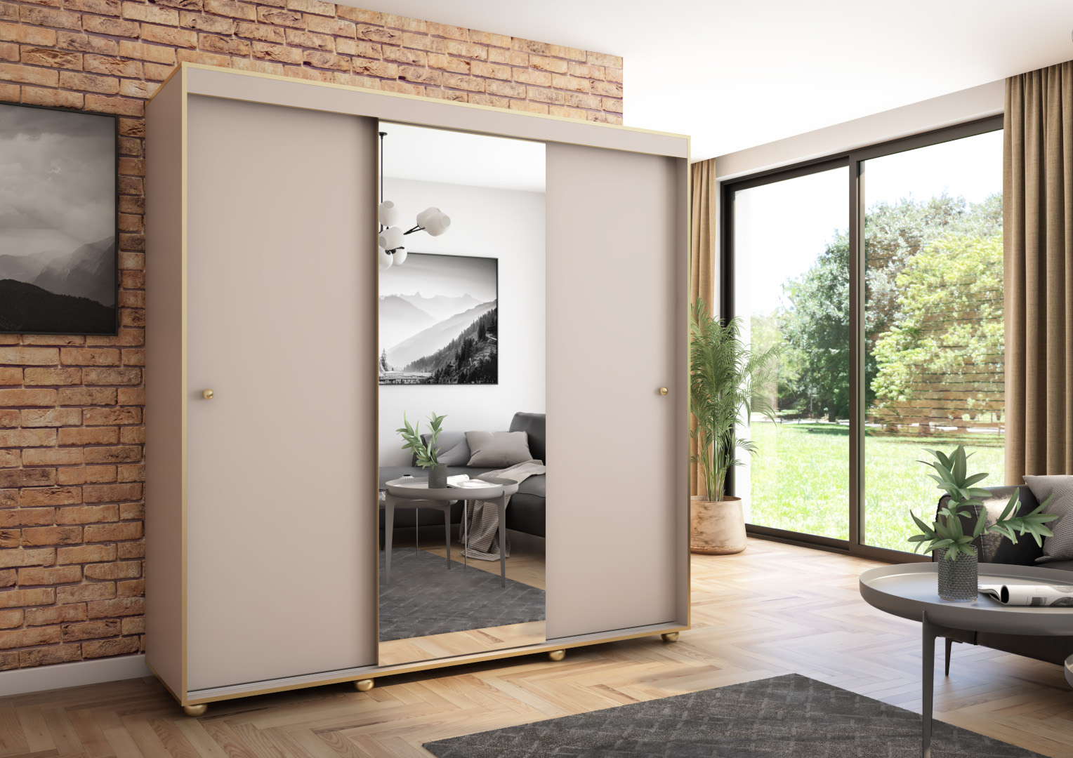 Szafa przesuwna Porto 205 z lustrem, Kaszmir, Złote listwy HD