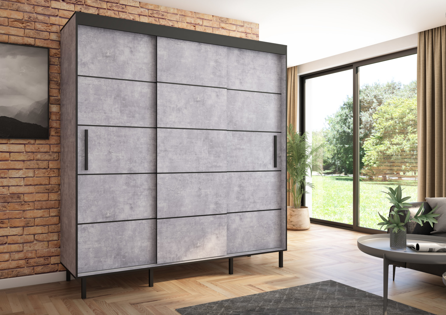 Szafa przesuwna BRAGA 205, Beton, Czarne listwy HD