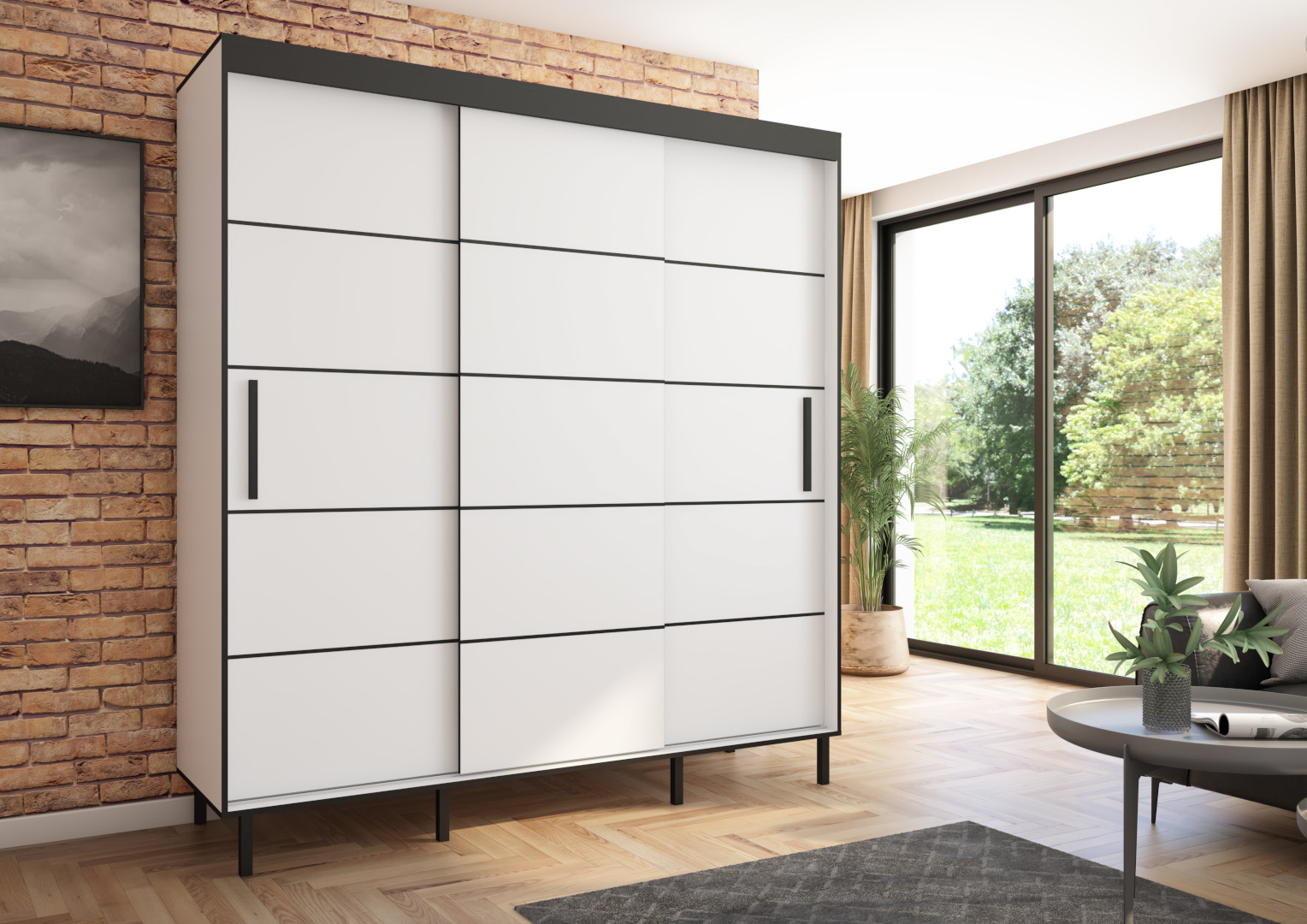 Szafa przesuwna BRAGA 205, Biała, Czarne listwy HD