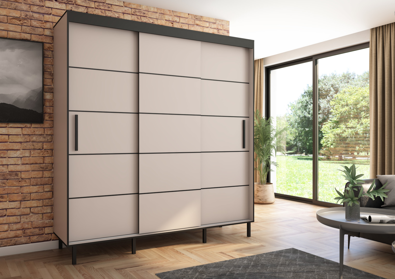 Szafa przesuwna BRAGA 205, Kaszmir, Czarne listwy HD