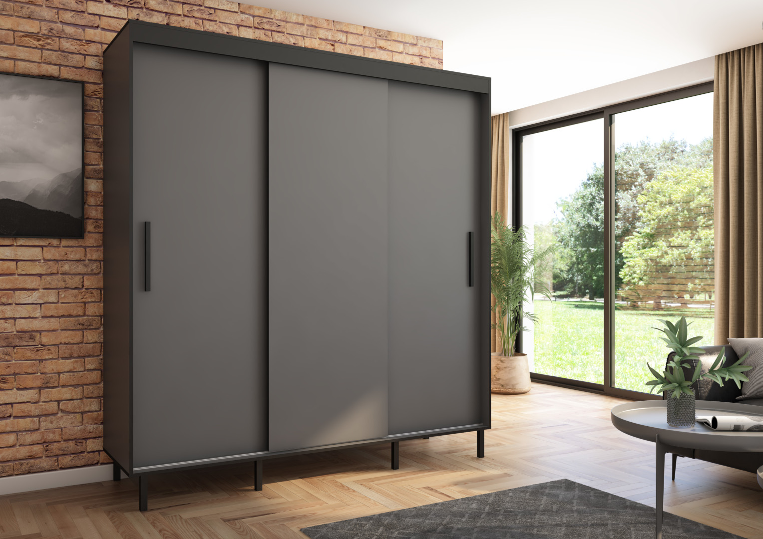 Szafa przesuwna BRAGA 205 gładka, Antracyt, Czarne listwy HD