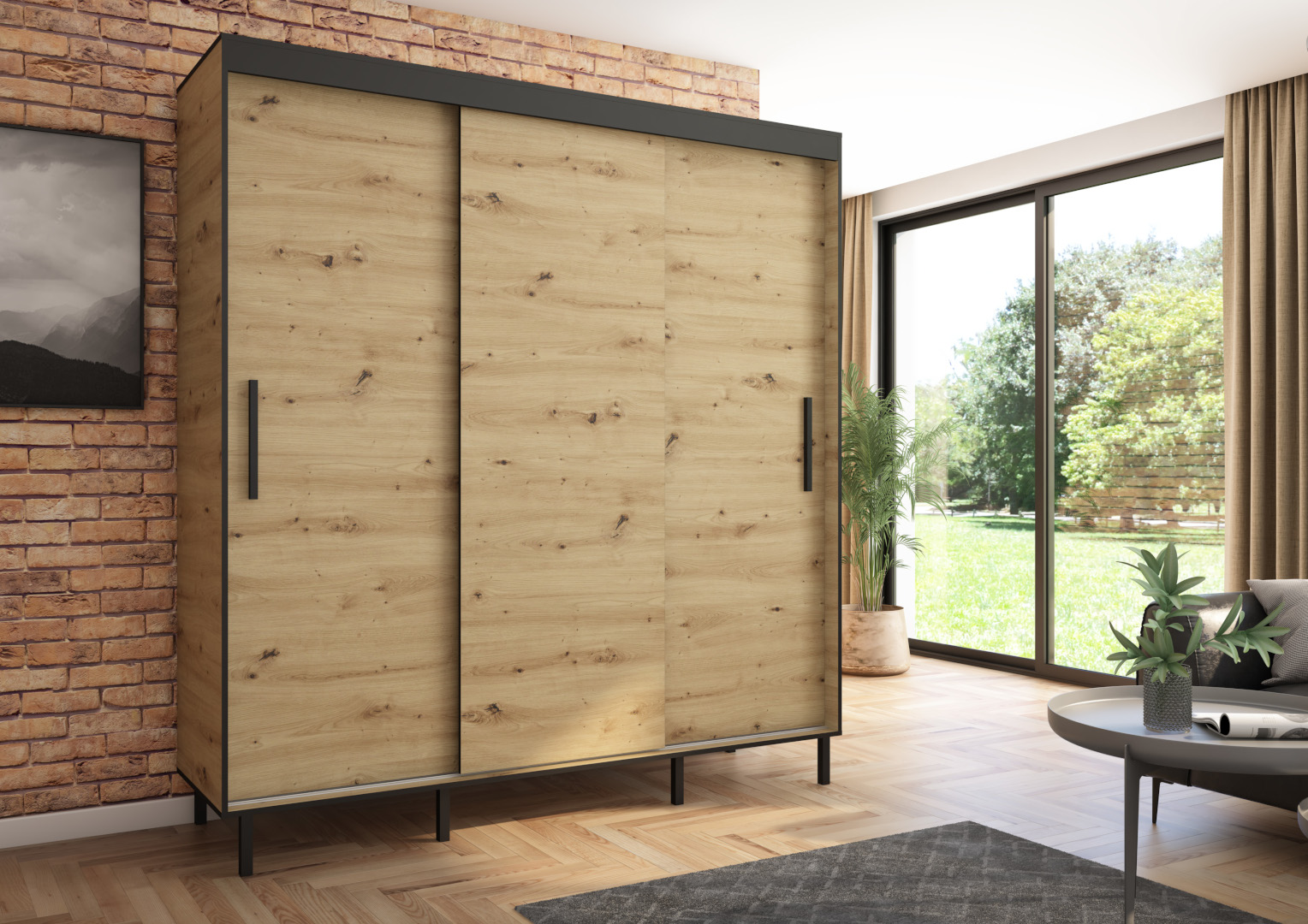 Szafa przesuwna BRAGA 205 gładka, Artisan, Czarne listwy HD