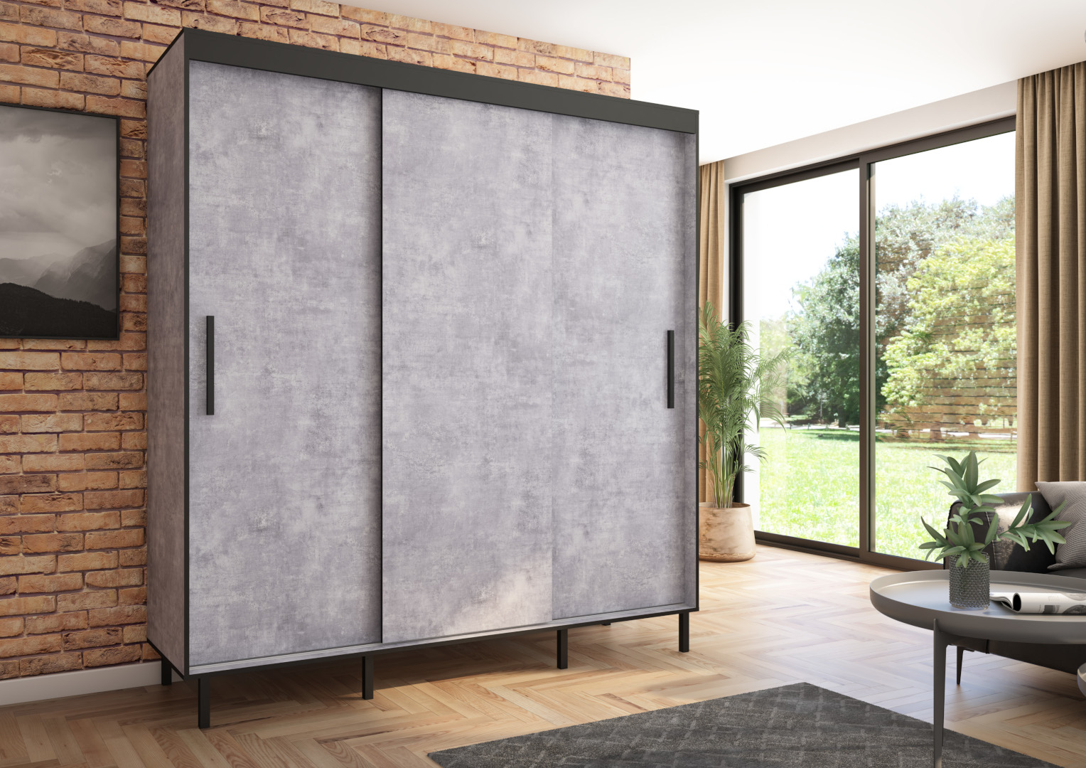 Szafa przesuwna BRAGA 205 gładka, Beton, Czarne listwy HD