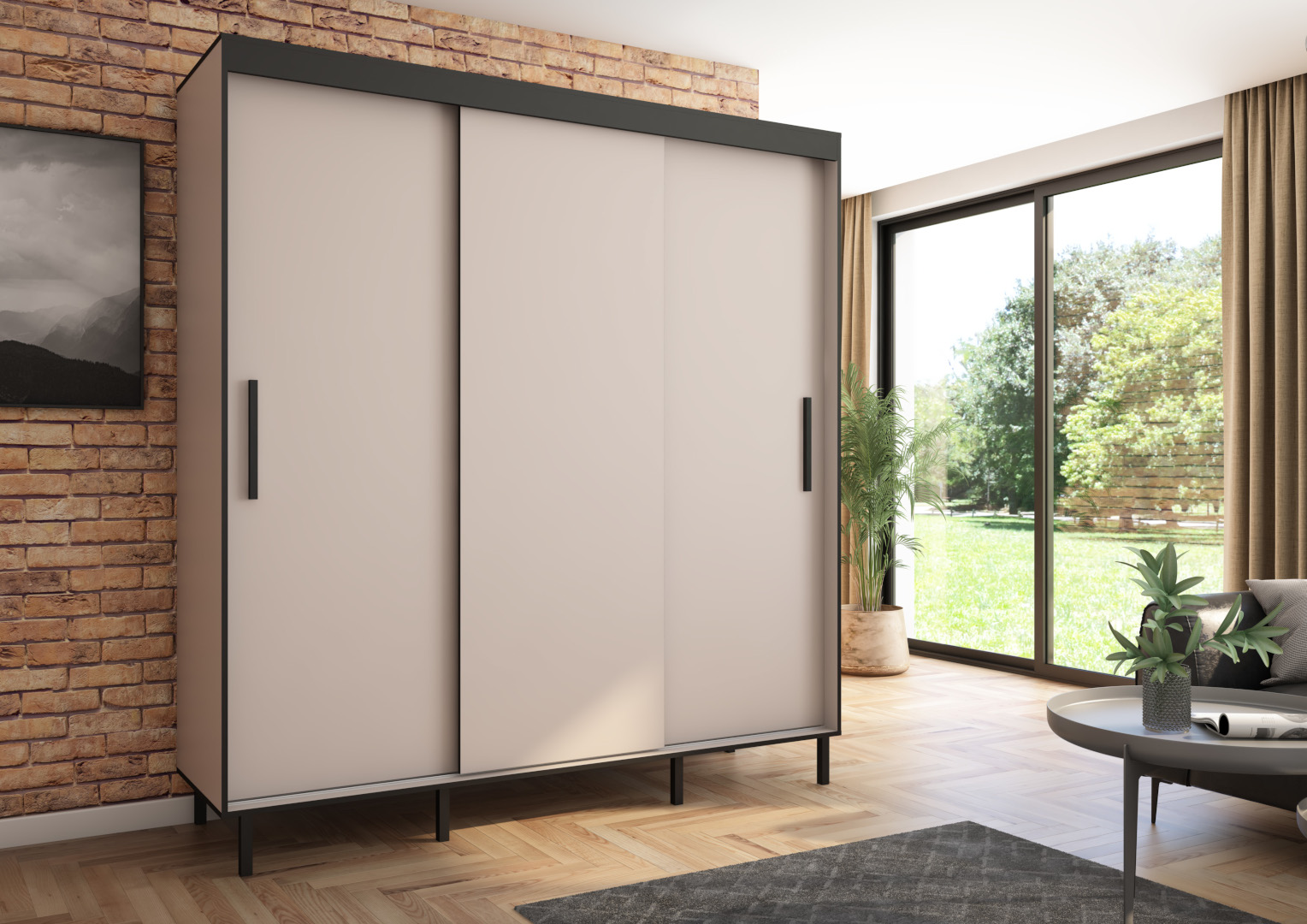 Szafa przesuwna BRAGA 205 gładka, Kaszmir, Czarne listwy HD