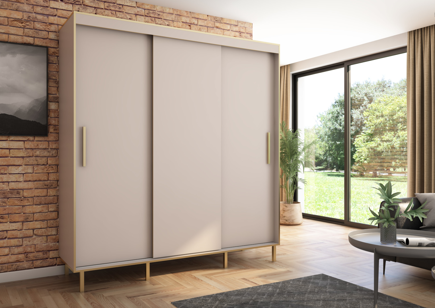 Szafa przesuwna BRAGA 205 gładka, Kaszmir, Złote listwy HD