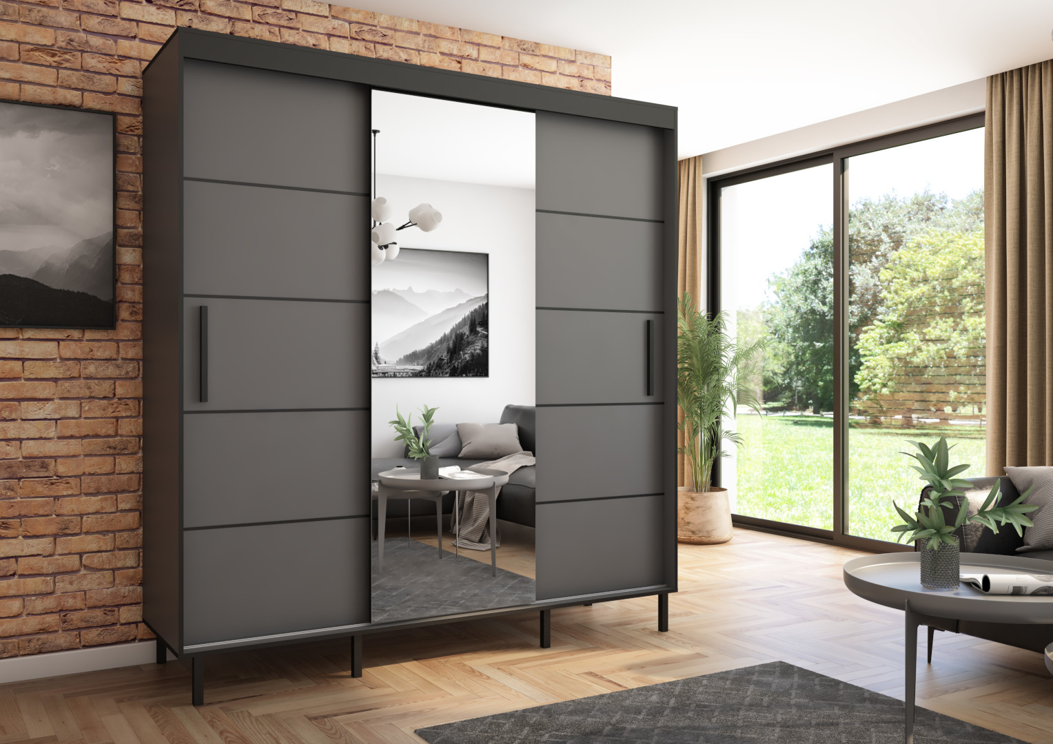 Szafa przesuwna BRAGA 205 z lustrem, Antracyt, Czarne listwy HD