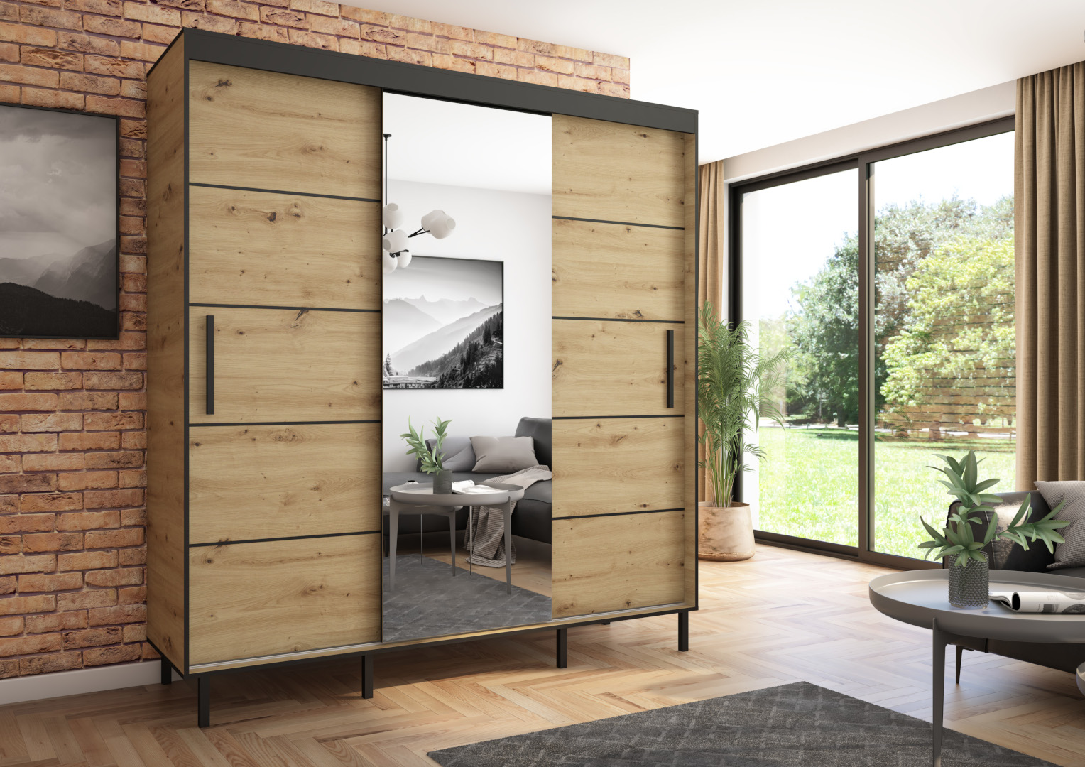 Szafa przesuwna BRAGA 205 z lustrem, Artisan, Czarne listwy HD