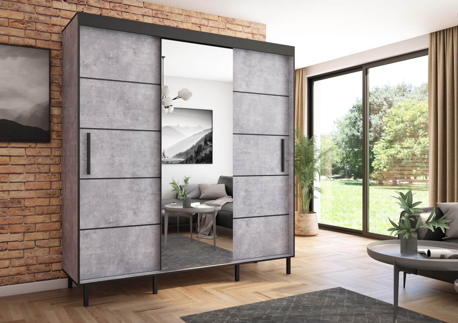 Szafa przesuwna BRAGA 205 z lustrem, Beton, Czarne listwy HD