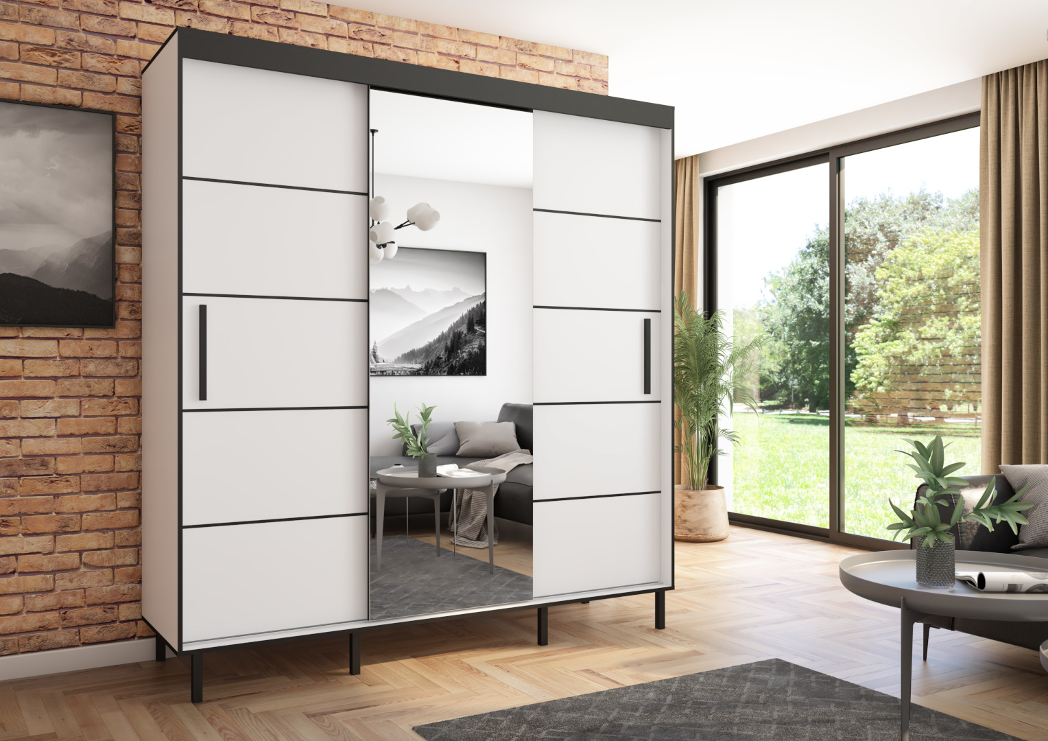 Szafa przesuwna BRAGA 205 z lustrem, Biała, Czarne listwy HD