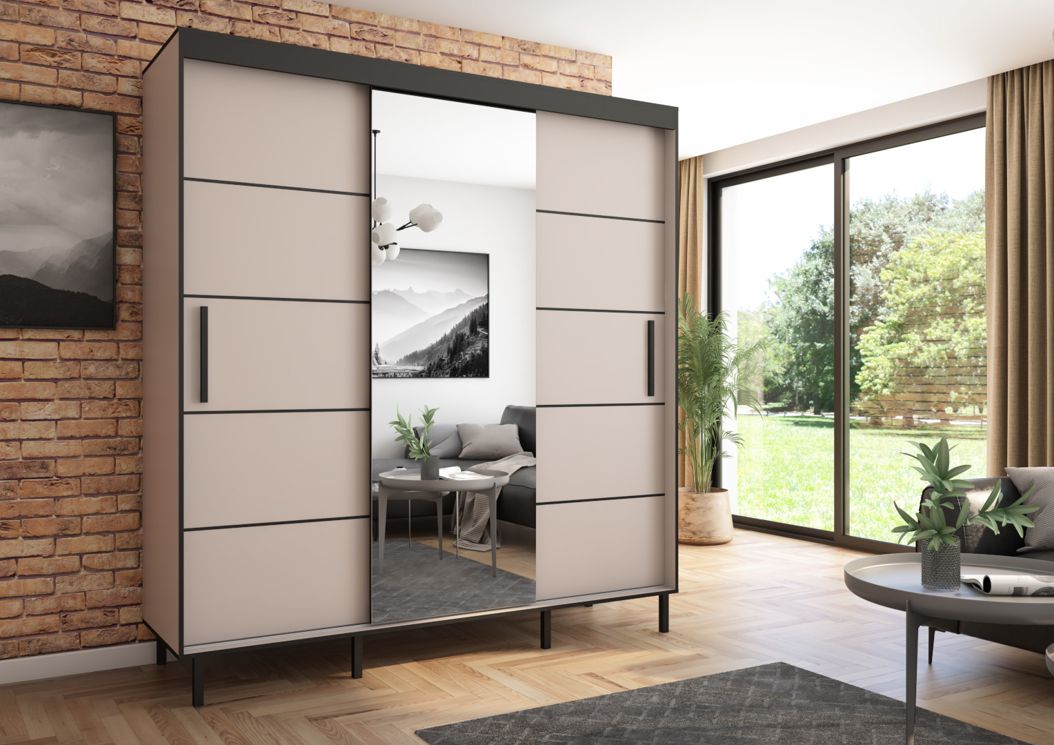 Szafa przesuwna BRAGA 205 z lustrem, Kaszmir, Czarne listwy HD