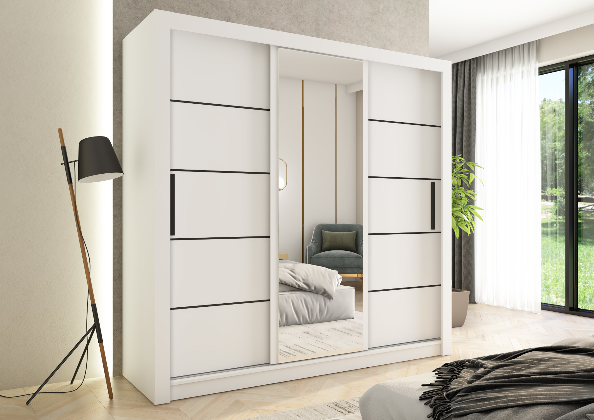 Szafa przesuwna Monako 205, Biała, Lustro, Czarne listwy HD
